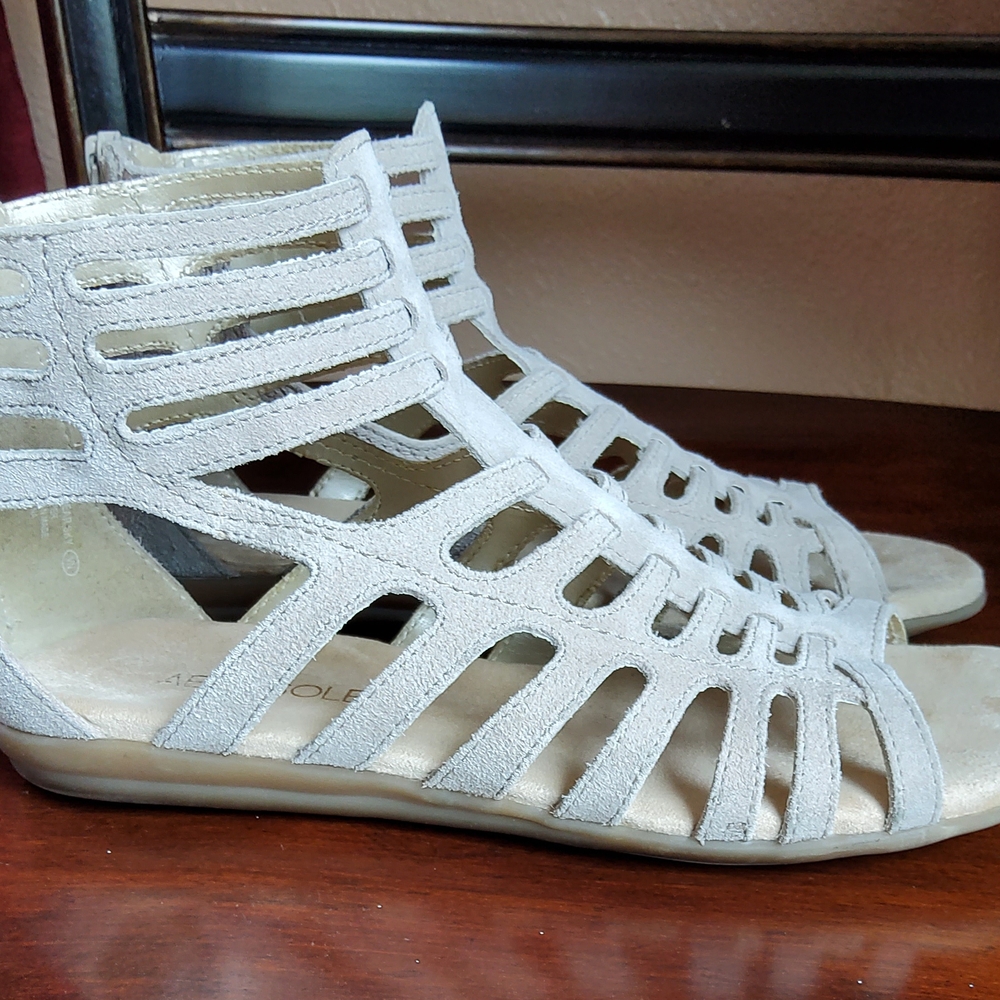 AEROSOLES GENUINE LEATHER SUEDE GLADIATOR SANDALS NUDE 5.5M *FIT LIKE 6.5M* EUC